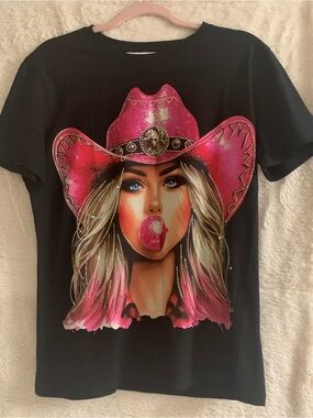 Women’s Black Graphic Tee with Pink Cowgirl Art
